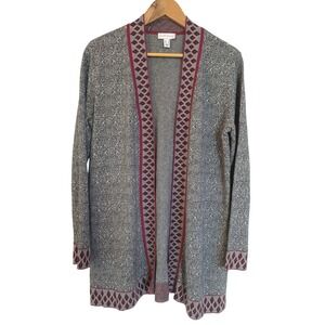 Susan Graver Women's Gray & Burgundy Open Front Long Line Cardigan Sweater Small